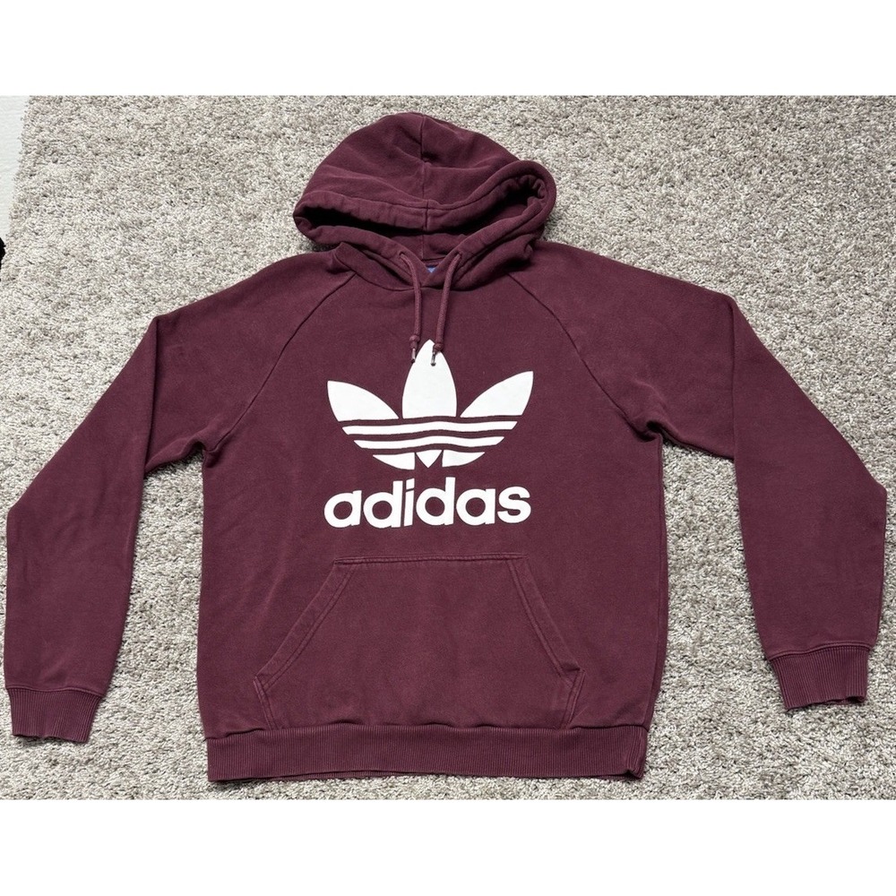 Adidas Men Medium Hoodie Big Center Logo Maroon Red Retro 3 Stripes Sporty Soft